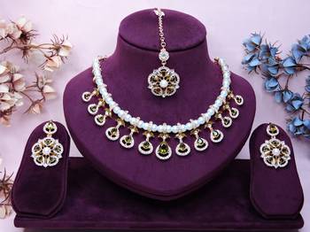 Green rose gold premium designer american diamond and stone work necklace set 1