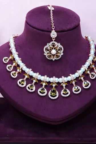 Green rose gold premium designer american diamond and stone work necklace set