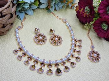 Green rose gold premium designer american diamond and stone work necklace set 2
