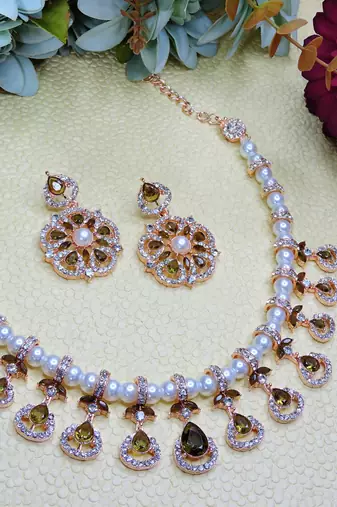 Green rose gold premium designer american diamond and stone work necklace set