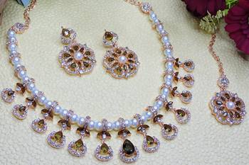 Green rose gold premium designer american diamond and stone work necklace set 3