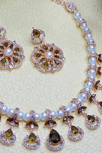 Green rose gold premium designer american diamond and stone work necklace set