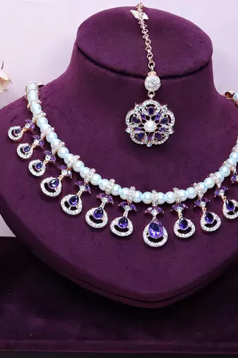 Blue rose gold premium designer american diamond and stone work necklace set