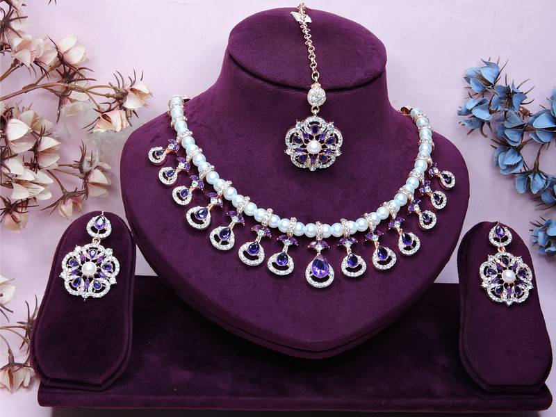 Blue rose gold premium designer american diamond and stone work necklace set