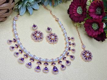 Blue rose gold premium designer american diamond and stone work necklace set 2