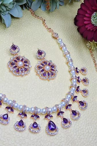 Blue rose gold premium designer american diamond and stone work necklace set