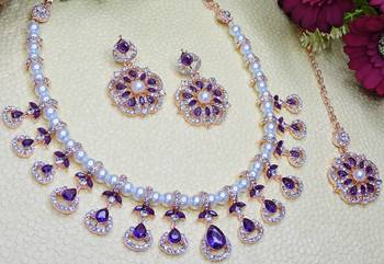 Blue rose gold premium designer american diamond and stone work necklace set 3