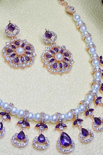 Blue rose gold premium designer american diamond and stone work necklace set