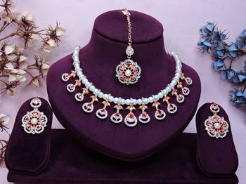 Pink rose gold premium designer american diamond and stone work necklace set 1