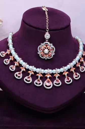 Pink rose gold premium designer american diamond and stone work necklace set