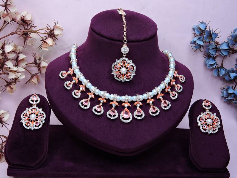 Pink rose gold premium designer american diamond and stone work necklace set