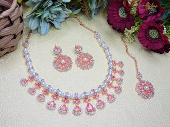Pink rose gold premium designer american diamond and stone work necklace set 2