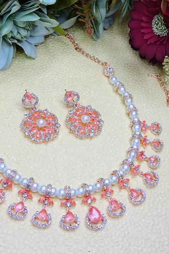Pink rose gold premium designer american diamond and stone work necklace set