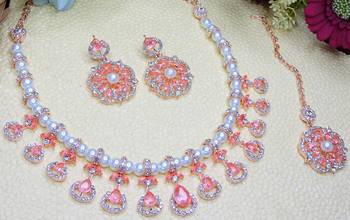 Pink rose gold premium designer american diamond and stone work necklace set 3