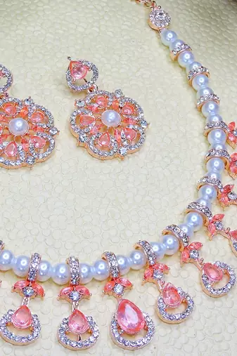 Pink rose gold premium designer american diamond and stone work necklace set