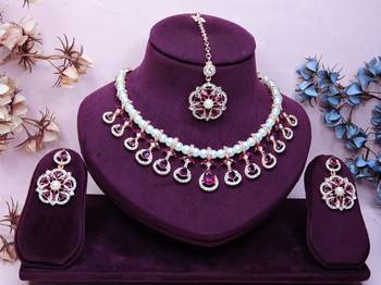 Purple rose gold premium designer american diamond and stone work necklace set 1
