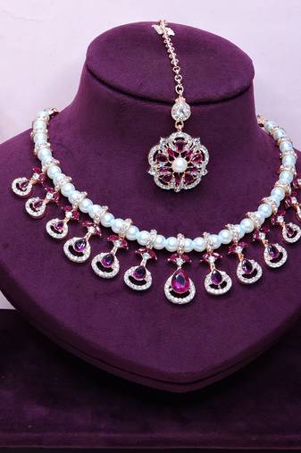 Purple rose gold premium designer american diamond and stone work necklace set