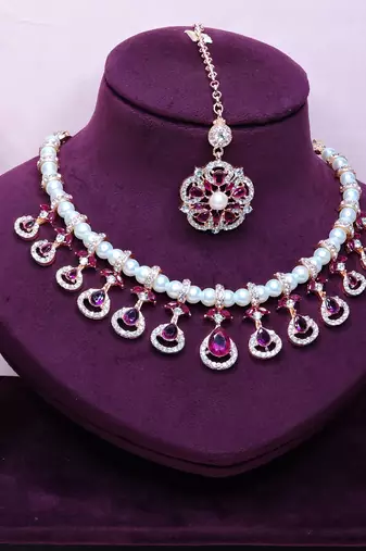Purple rose gold premium designer american diamond and stone work necklace set