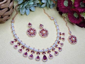 Purple rose gold premium designer american diamond and stone work necklace set 2