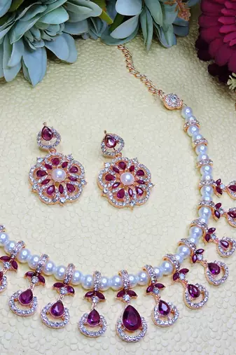 Purple rose gold premium designer american diamond and stone work necklace set