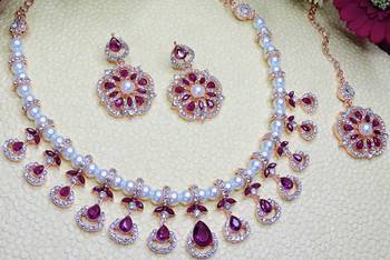 Purple rose gold premium designer american diamond and stone work necklace set 3