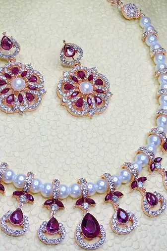 Purple rose gold premium designer american diamond and stone work necklace set