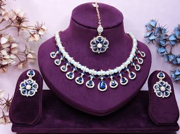 Blue rose gold premium designer american diamond and stone work necklace set 1