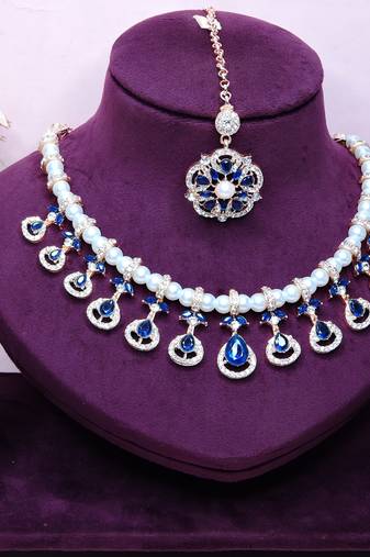 Blue rose gold premium designer american diamond and stone work necklace set