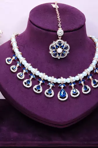 Blue rose gold premium designer american diamond and stone work necklace set
