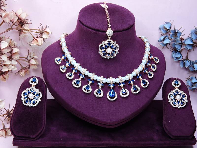 Blue rose gold premium designer american diamond and stone work necklace set