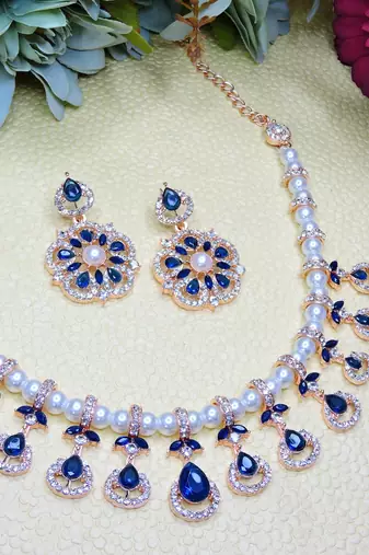 Blue rose gold premium designer american diamond and stone work necklace set