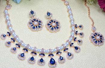 Blue rose gold premium designer american diamond and stone work necklace set 3
