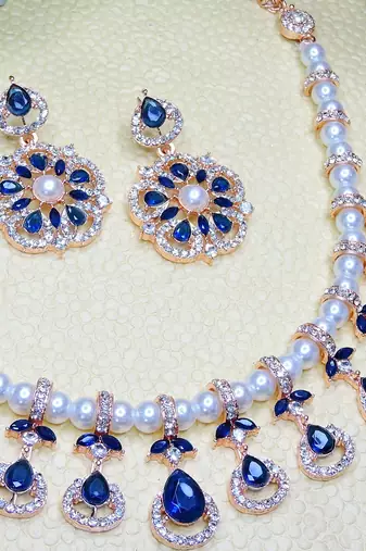 Blue rose gold premium designer american diamond and stone work necklace set