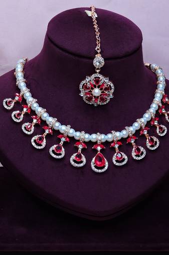 Pink rose gold premium designer american diamond and stone work necklace set