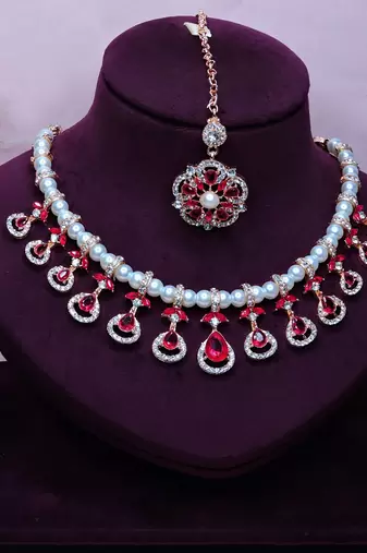 Pink rose gold premium designer american diamond and stone work necklace set