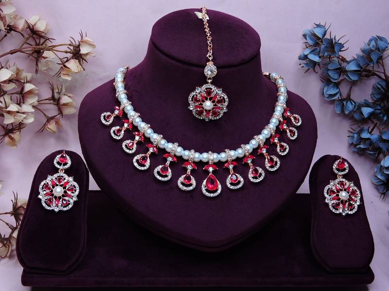 Pink rose gold premium designer american diamond and stone work necklace set