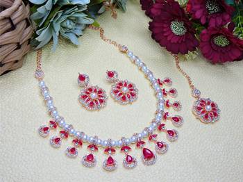 Pink rose gold premium designer american diamond and stone work necklace set 2