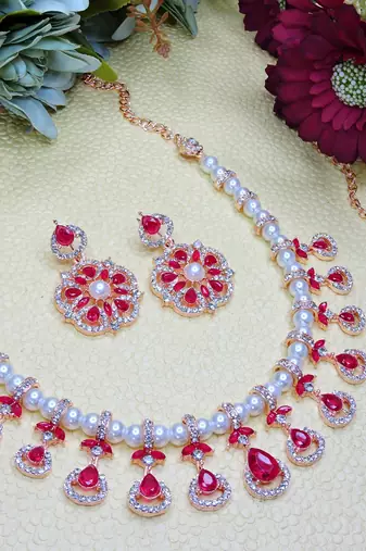 Pink rose gold premium designer american diamond and stone work necklace set
