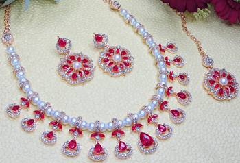 Pink rose gold premium designer american diamond and stone work necklace set 3