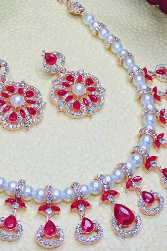Pink rose gold premium designer american diamond and stone work necklace set