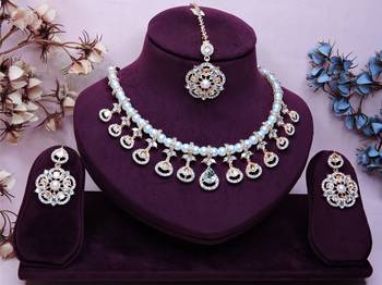 White rose gold premium designer american diamond and stone work necklace set 1