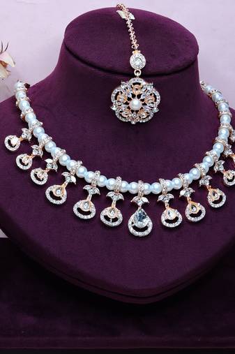 White rose gold premium designer american diamond and stone work necklace set