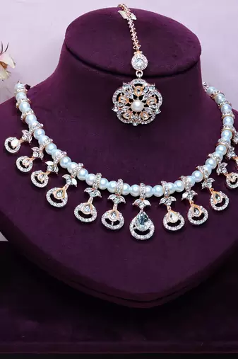 White rose gold premium designer american diamond and stone work necklace set