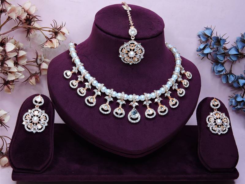 White rose gold premium designer american diamond and stone work necklace set
