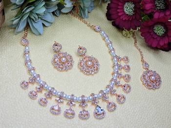 White rose gold premium designer american diamond and stone work necklace set 2