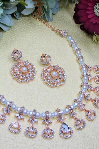 White rose gold premium designer american diamond and stone work necklace set