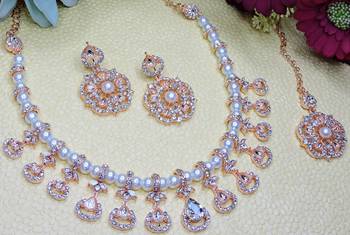 White rose gold premium designer american diamond and stone work necklace set 3