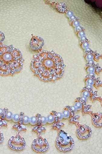 White rose gold premium designer american diamond and stone work necklace set