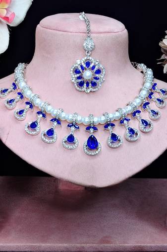 Blue rhodium premium designer american diamond and stone work necklace set