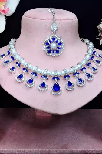 Blue rhodium premium designer american diamond and stone work necklace set